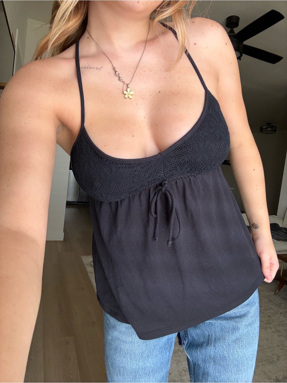 Linea Donatella Black Crochet-Trim Halter Camisole